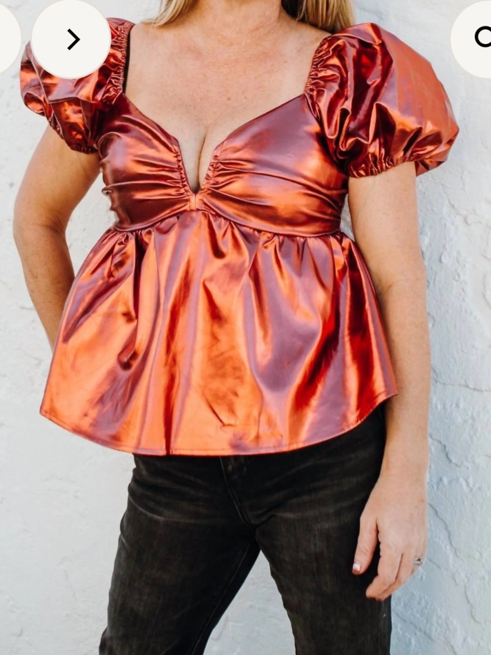 BuddyLove Metallic Red Puff-Sleeve Satin Peplum Top